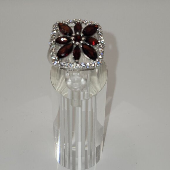 .925 Sterling Silver Flower Shaped Garnet/Cubic Zirconia Ring Size 7 Valve $645 - Picture 3 of 7